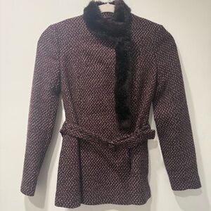 French Connection Wool Coat with Faux Fur Collar Belted Burgundy Purple Size 8